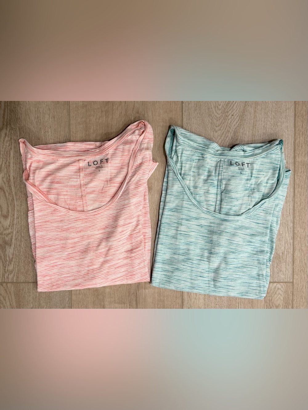 LOFT Striped Scoop Neck T Shirts — Coral Pink and Aqua Blue (Set of 2)